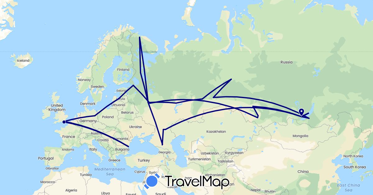 TravelMap itinerary: driving in Bulgaria, Germany, United Kingdom, Latvia, Russia (Europe)